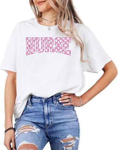 Nurse Checkerboard Graphic T-Shirt – Unisex Cotton Appreciation Tee – Cute Pink Letter Print Medical Top in Saudi Arabia