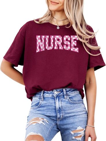 Nurse Checkerboard Graphic T-Shirt – Unisex Cotton Appreciation Tee – Cute Pink Letter Print Medical Top in Saudi Arabia