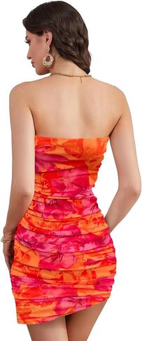 WDIRARA Women's Floral Mesh Strapless Ruched Tube Mini Dress Short Bodycon Dresses in Saudi Arabia