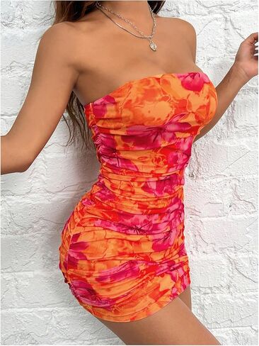WDIRARA Women's Floral Mesh Strapless Ruched Tube Mini Dress Short Bodycon Dresses in Saudi Arabia