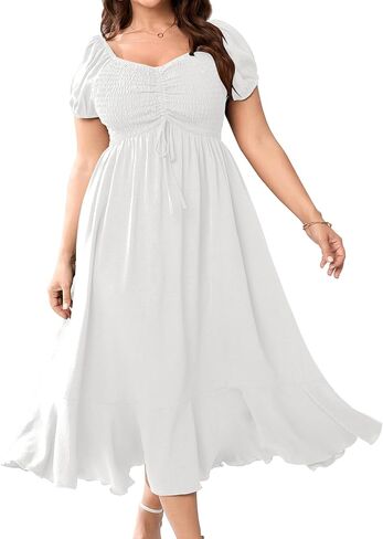 SCOMCHIC Womens Plus Size Summer Maxi Dress Ruched Front Square Neck Smocked Flowy A Line Formal Wedding Guest Dresses in Saudi Arabia