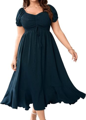 SCOMCHIC Womens Plus Size Summer Maxi Dress Ruched Front Square Neck Smocked Flowy A Line Formal Wedding Guest Dresses in Saudi Arabia