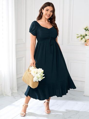 SCOMCHIC Womens Plus Size Summer Maxi Dress Ruched Front Square Neck Smocked Flowy A Line Formal Wedding Guest Dresses in Saudi Arabia