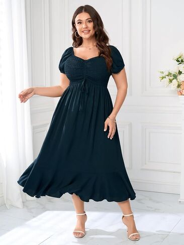 SCOMCHIC Womens Plus Size Summer Maxi Dress Ruched Front Square Neck Smocked Flowy A Line Formal Wedding Guest Dresses in Saudi Arabia
