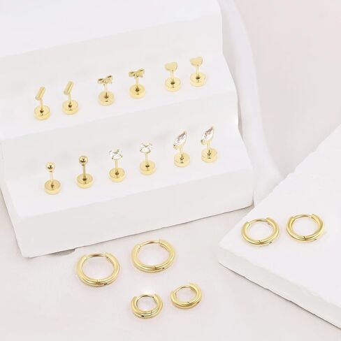 Qelfc Hypoallergenic Surgical Steel أقراط للآذان الحساسة ، وأقراط Gold Hoop Mosts 14k من أجل الغضاريف Tragus Helix Jewelry ، Small Cz Bow Heart Ball أقراط in Kuwait