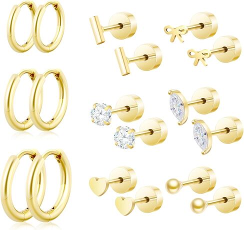 Qelfc Hypoallergenic Surgical Steel أقراط للآذان الحساسة ، وأقراط Gold Hoop Mosts 14k من أجل الغضاريف Tragus Helix Jewelry ، Small Cz Bow Heart Ball أقراط in Kuwait