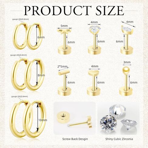 Qelfc Hypoallergenic Surgical Steel أقراط للآذان الحساسة ، وأقراط Gold Hoop Mosts 14k من أجل الغضاريف Tragus Helix Jewelry ، Small Cz Bow Heart Ball أقراط in Kuwait