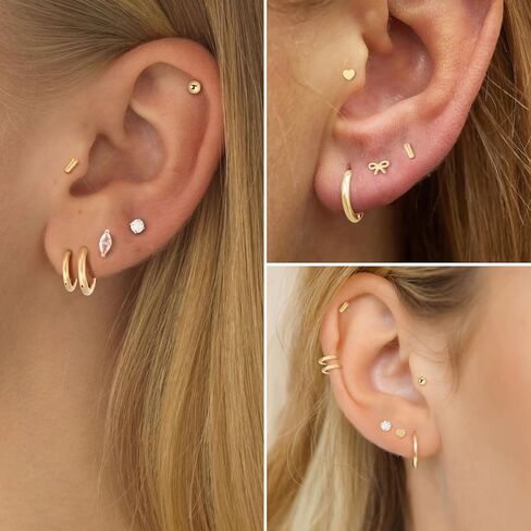 Qelfc Hypoallergenic Surgical Steel أقراط للآذان الحساسة ، وأقراط Gold Hoop Mosts 14k من أجل الغضاريف Tragus Helix Jewelry ، Small Cz Bow Heart Ball أقراط in Kuwait