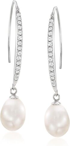 Ross-Simons 8x10mm Cultured Pearl and .38 ct. t.w. CZ Drop Earrings in Sterling Silver in Saudi Arabia