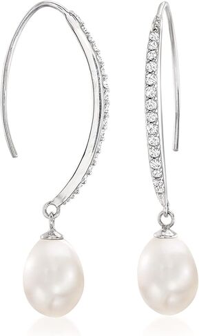 Ross-Simons 8x10mm Cultured Pearl and .38 ct. t.w. CZ Drop Earrings in Sterling Silver in Saudi Arabia