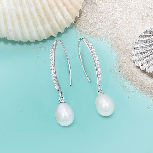 Ross-Simons 8x10mm Cultured Pearl and .38 ct. t.w. CZ Drop Earrings in Sterling Silver in Saudi Arabia