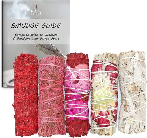 Valentines Day Smudge Stick Variety Gift Set | Floral and Scented Sage Bundles for Space Cleansing | Smudging Wand Gift Set with Smudge Guide (5 Pack) in Saudi Arabia