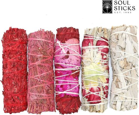 Valentines Day Smudge Stick Variety Gift Set | Floral and Scented Sage Bundles for Space Cleansing | Smudging Wand Gift Set with Smudge Guide (5 Pack) in Saudi Arabia