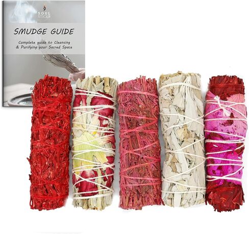Valentines Day Smudge Stick Variety Gift Set | Floral and Scented Sage Bundles for Space Cleansing | Smudging Wand Gift Set with Smudge Guide (5 Pack) in Saudi Arabia