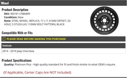 Steel Wheel - 17x7 Inch - 20 Hole - Black - Compatible with 2014-2019 Jeep Cherokee in Saudi Arabia