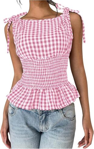 SHENHE Women's Gingham Plaid Ruffle Peplum Tank Smocked Tie Shoulder Vintage Shirt in Saudi Arabia