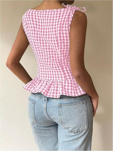 SHENHE Women's Gingham Plaid Ruffle Peplum Tank Smocked Tie Shoulder Vintage Shirt in Saudi Arabia