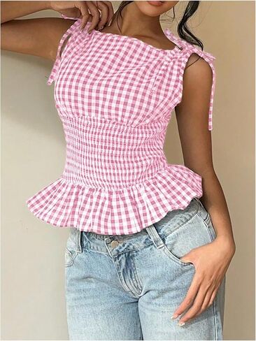 SHENHE Women's Gingham Plaid Ruffle Peplum Tank Smocked Tie Shoulder Vintage Shirt in Saudi Arabia