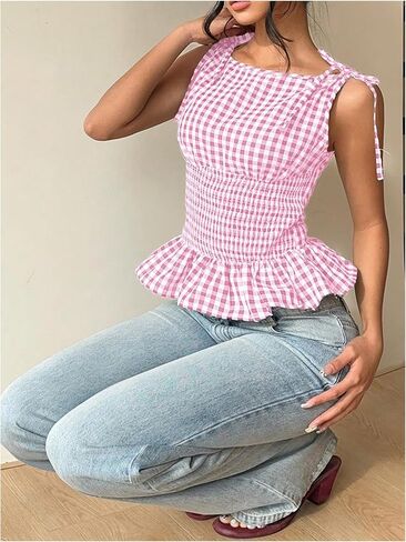 SHENHE Women's Gingham Plaid Ruffle Peplum Tank Smocked Tie Shoulder Vintage Shirt in Saudi Arabia