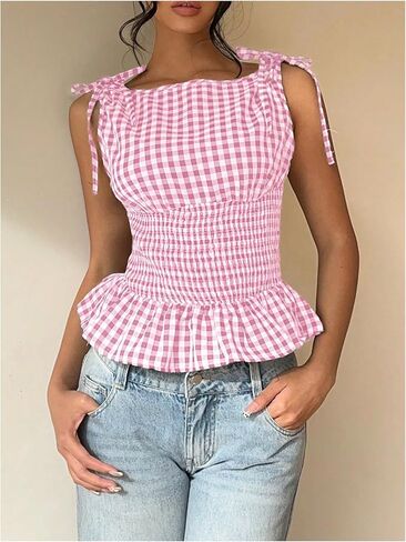 SHENHE Women's Gingham Plaid Ruffle Peplum Tank Smocked Tie Shoulder Vintage Shirt in Saudi Arabia