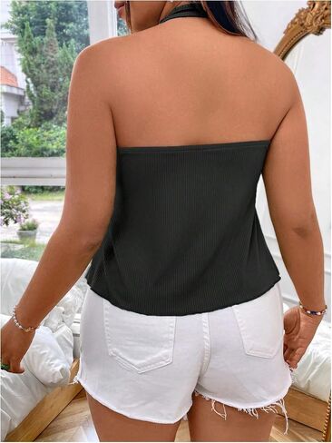 Soly Hux Women's Plus Tops Halter Deep v Tie Dick Tie Pront Front Summer Top Summer in Saudi Arabia