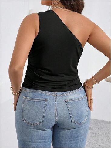 Wdirara Women's Plus Size One One Counter Top Top Ruched Ruched Tops Assymetrical Scleveless Tops in Kuwait