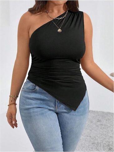 Wdirara Women's Plus Size One One Counter Top Top Ruched Ruched Tops Assymetrical Scleveless Tops in Kuwait