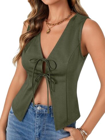 vrtige المرأة القوس ربطة عنق مفتوحة الواجهة العميقة الخامس عن الرقبة أكمام مثير خزان الصيف الصيف in Kuwait