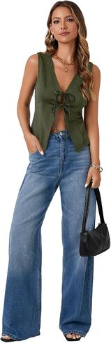 vrtige المرأة القوس ربطة عنق مفتوحة الواجهة العميقة الخامس عن الرقبة أكمام مثير خزان الصيف الصيف in Kuwait