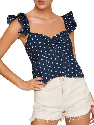 Milumia Women's Polka Dots Twist Perblum Peplum Top Sweetheart Neck Cap Cap Capi Tops Cami in Kuwait