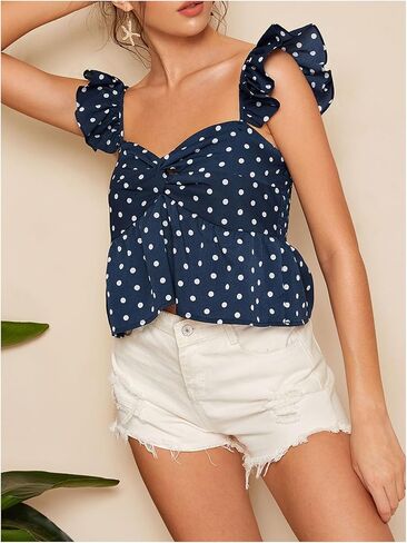 Milumia Women's Polka Dots Twist Perblum Peplum Top Sweetheart Neck Cap Cap Capi Tops Cami in Kuwait