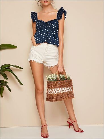 Milumia Women's Polka Dots Twist Perblum Peplum Top Sweetheart Neck Cap Cap Capi Tops Cami in Kuwait