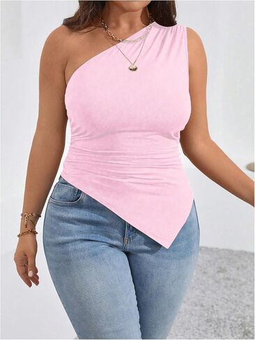 Wdirara Women's Plus Size One One Counter Top Top Ruched Ruched Tops Assymetrical Scleveless Tops in Kuwait