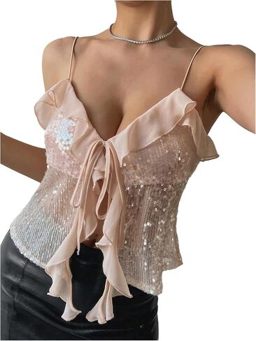 MakeMeChic Women's Sequin Sparkly V Neck Cami Tops Tie Front Ruffle Party Tank Crop Tops in Saudi Arabia
