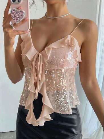 MakeMeChic Women's Sequin Sparkly V Neck Cami Tops Tie Front Ruffle Party Tank Crop Tops in Saudi Arabia
