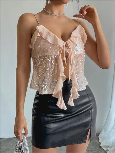MakeMeChic Women's Sequin Sparkly V Neck Cami Tops Tie Front Ruffle Party Tank Crop Tops in Saudi Arabia