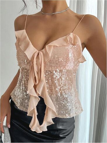 MakeMeChic Women's Sequin Sparkly V Neck Cami Tops Tie Front Ruffle Party Tank Crop Tops in Saudi Arabia