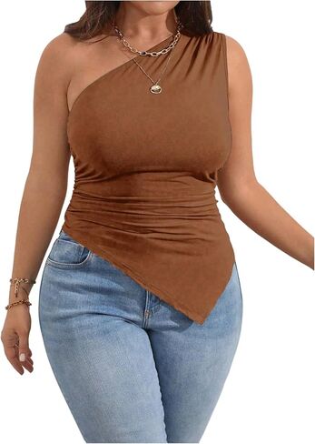 Milumia Women's Plus Size One Shoulder Tank Top Asymmetrical Hem Ruched Going Out Tops in Saudi Arabia
