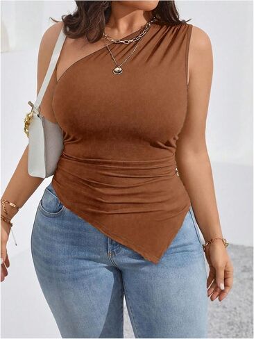 Milumia Women's Plus Size One Shoulder Tank Top Asymmetrical Hem Ruched Going Out Tops in Saudi Arabia