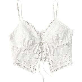 SweatyRocks Women's Casual Hollow Out Tie Front Cami Top Lace Trim Slim Fit Crop Tops in Kuwait