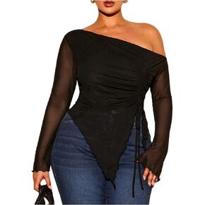 SOLY HUX Women's Plus Size Mesh T Shirt Off The Shoulder Long Sleeve Sheer Tee Ruched Drawstring Asymmetrical Hem Tops in Kuwait