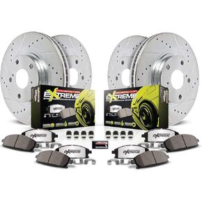 Power Stop K2298-26 منصات الفرامل الأمامية والخلفية Z26 من ألياف الكربون مع مجموعة فرامل فرامل فرامل محفورة محفورة لعام 2004 2005 2006 2007 2008 Acura TL [نماذج مع الفرجار الأمامي المكبس الواحد] in Saudi Arabia