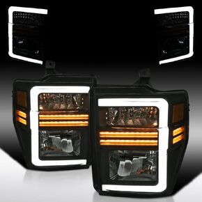 Autozensation Compatible with 2008-2010 Ford F-250, F-350, F-450, F-550 Super Duty, Left + Right Pair Headlamps Assembly, Black Factory Style Headlights with Sequential LED Turn Signal in Saudi Arabia