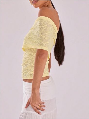 MakeMeChic Women's Lace Off The Shoulder Tank Ruched Sleeveless Fitted Going Out Crop Tops in Saudi Arabia