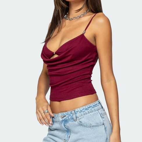 Women Draped Cowl Neck Tank Tops Sexy Layered Bra Cut Out Spaghetti Beaded Y2k Summer Going Out Top in Kuwait
