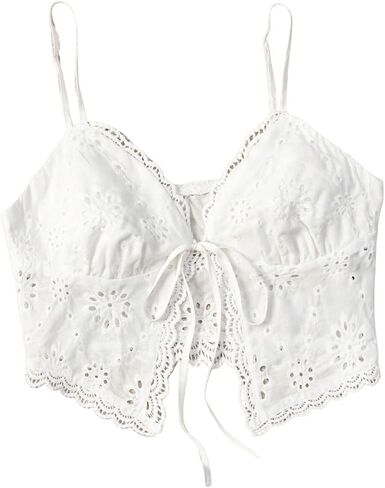 SweatyRocks Women's Casual Hollow Out Tie Front Cami Top Lace Trim Slim Fit Crop Tops in Saudi Arabia
