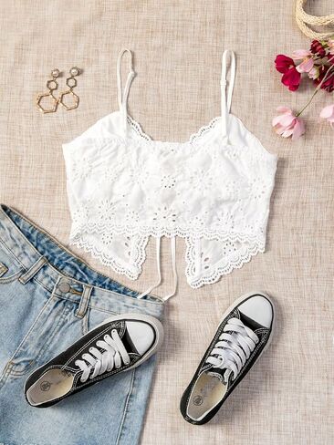 SweatyRocks Women's Casual Hollow Out Tie Front Cami Top Lace Trim Slim Fit Crop Tops in Saudi Arabia
