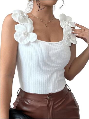 SweatyRocks Women's 3D Floral Fitted Tank Top Scoop Neck Sleeveless Ribbed Knit Tops in Kuwait