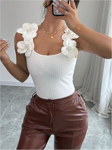 SweatyRocks Women's 3D Floral Fitted Tank Top Scoop Neck Sleeveless Ribbed Knit Tops in Kuwait