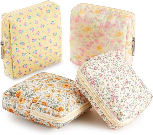 Paterr 4 Pcs Mini Quilted Floral Makeup Bag Small Coquette Cosmetic Bag Aesthetic Floral Makeup Pouch with Zipper Cute Travel Toiletry Essentials for Women(Pink, Orange Flower) in Saudi Arabia